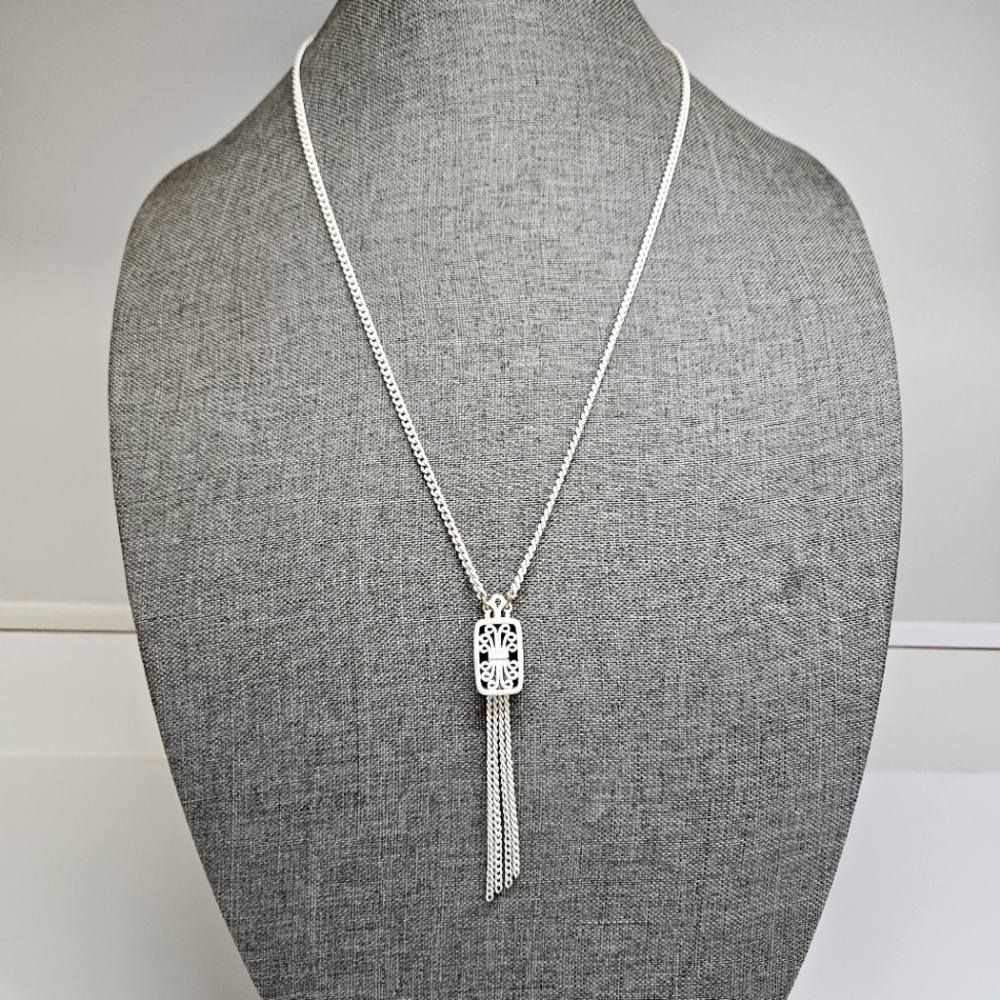 VINTAGE Monet White Enamel Filigree Tassel Chain Necklace